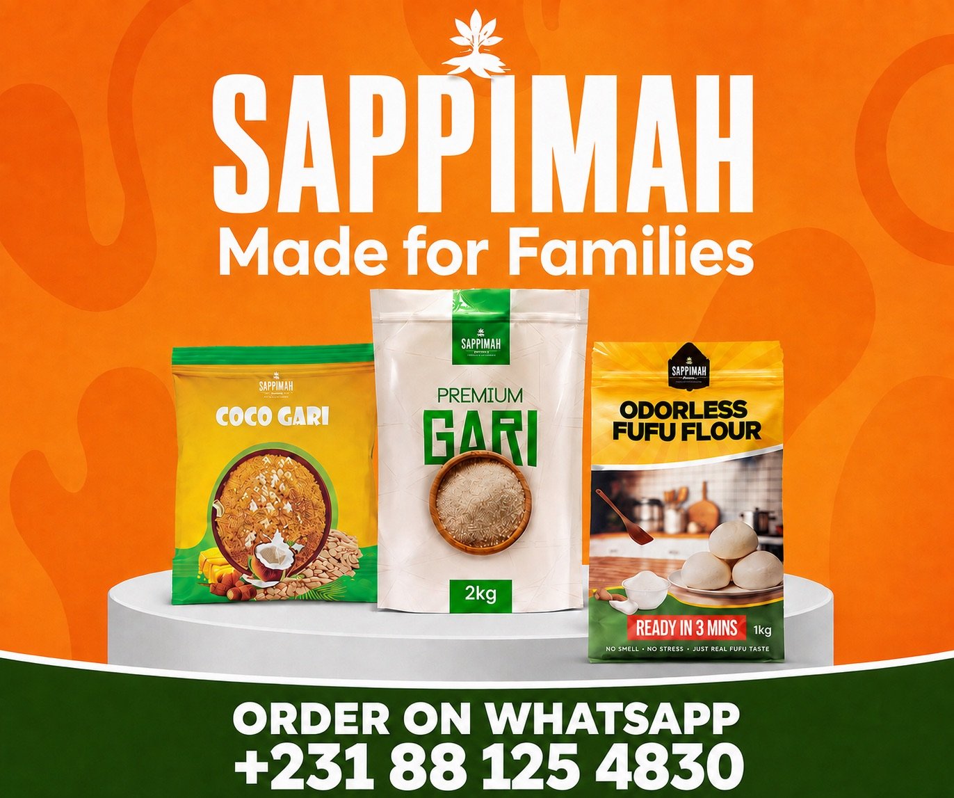 Sappimah Premium Gari, Coco Gari and Odorless Fufu Flour. Order on WhatsApp +231 88 125 4830.